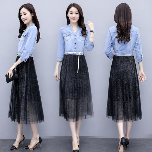 Q-QY20313夏季时尚单排扣牛仔上衣中袖百褶连衣长裙 商品图1