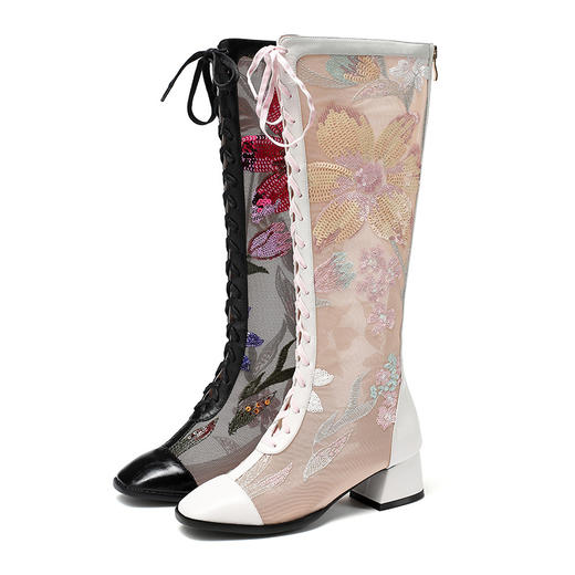 网纱靴春夏新款方头粗跟绑带长靴蕾丝绣花凉靴3067-4b