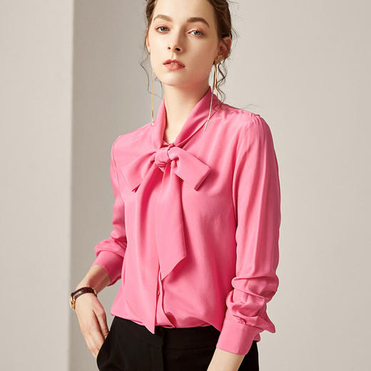 CL-Y2017-3春装新款蝴蝶结飘带玫红真丝衬衫 商品图0
