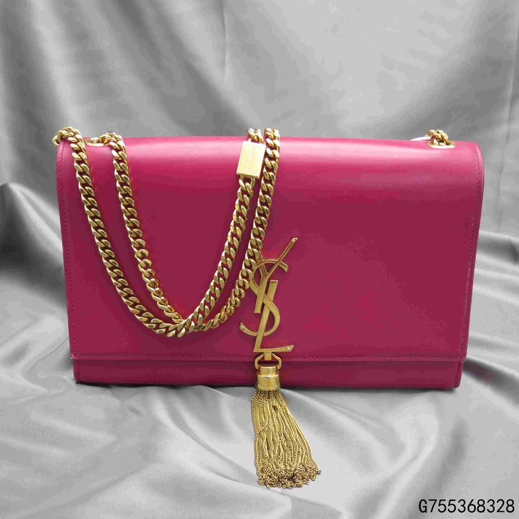 二手85新圣罗兰包袋ysl玫红色牛皮单肩斜跨链条包