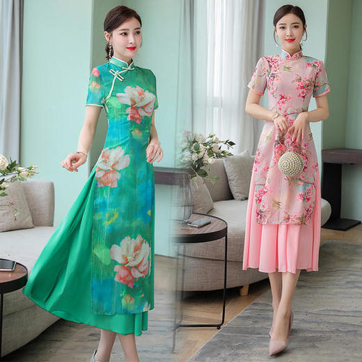 FMN-FS6610复古中国风长袖奥黛蕾丝旗袍裙 商品图1