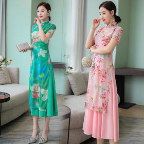 FMN-FS6610复古中国风长袖奥黛蕾丝旗袍裙