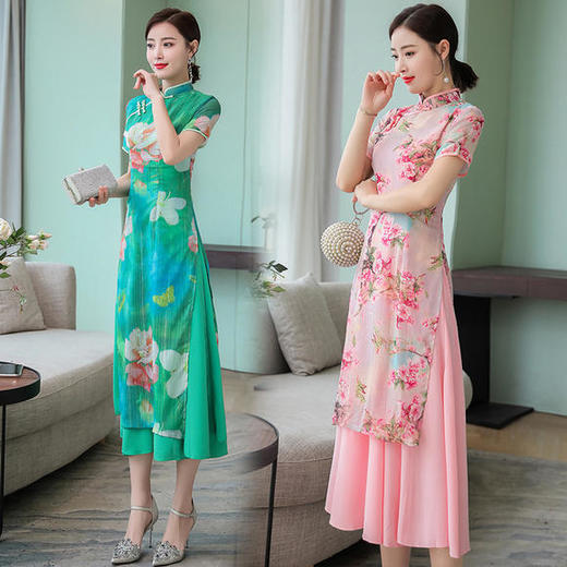 FMN-FS6610复古中国风长袖奥黛蕾丝旗袍裙 商品图0