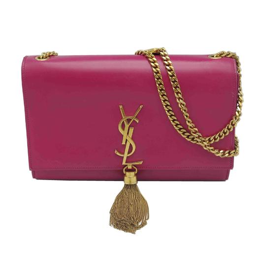 二手85新圣罗兰包袋ysl玫红色牛皮单肩斜跨链条包