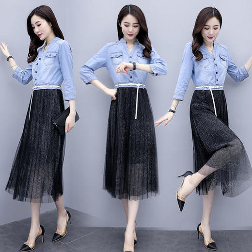 Q-QY20313夏季时尚单排扣牛仔上衣中袖百褶连衣长裙 商品图2