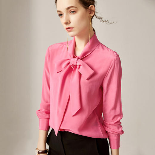CL-Y2017-3春装新款蝴蝶结飘带玫红真丝衬衫 商品图2