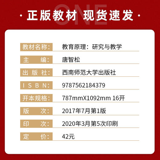 【现货正版】教育原理:研究与教学 唐智松 高等学校规划教材 教师教书指导教程书 科学教育书籍 西南师范大学出版社 商品图1