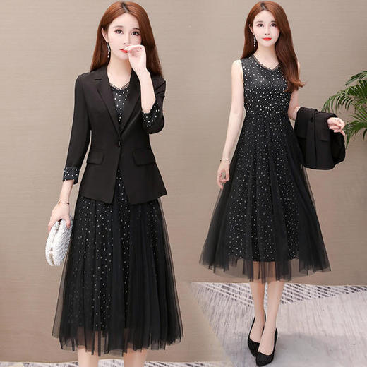 YW-KED-93A32修身气质长袖小西装外套+波点网纱连衣裙两件套 商品图2