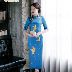 QQ-9545湖水蓝复古刺绣旗袍