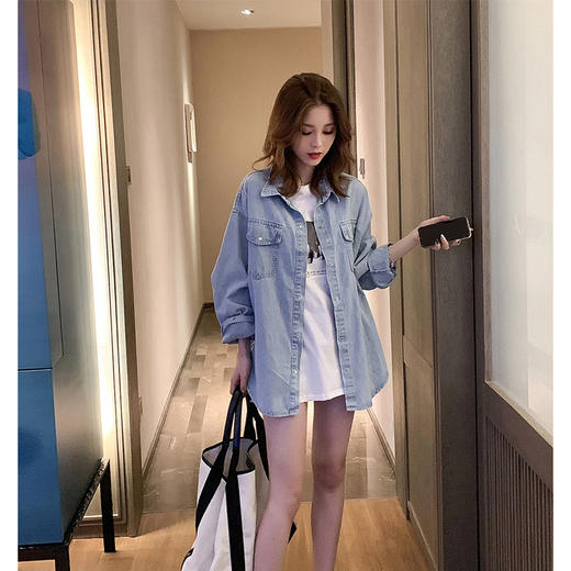 【系带牛仔衬衫外套】韩版宽松侧边上衣韩版时尚女装 商品图1