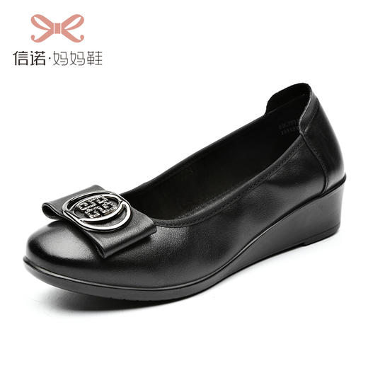 信诺真皮妈妈鞋2020春季新款坡跟蝴蝶结中年女鞋舒适软底休闲皮鞋20c7