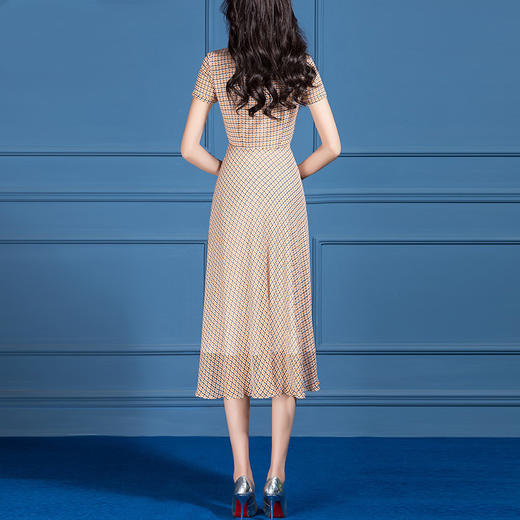 SSGS-J414新款气质收腰显瘦V领短袖a字大摆格子雪纺连衣裙 商品图2