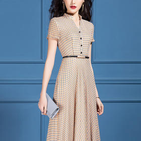 SSGS-J414新款气质收腰显瘦V领短袖a字大摆格子雪纺连衣裙