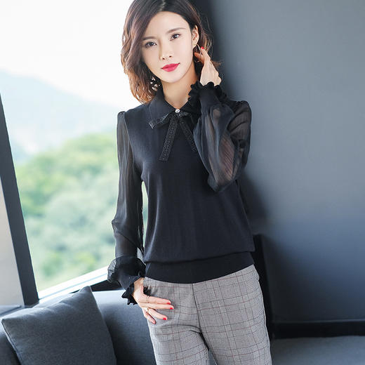 JS-101-2072春款淑女风系带翻领针织衫 商品图1
