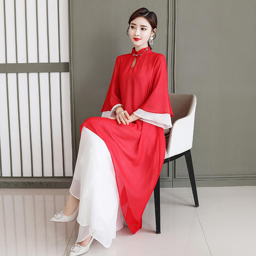 红色禅服茶服大码宽松裤连衣裙两件套(货号 am1206)