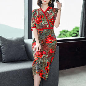 AHM 8283 2020新款夏季宽松中长款大码妈妈装仿真丝时尚气质优雅连衣裙