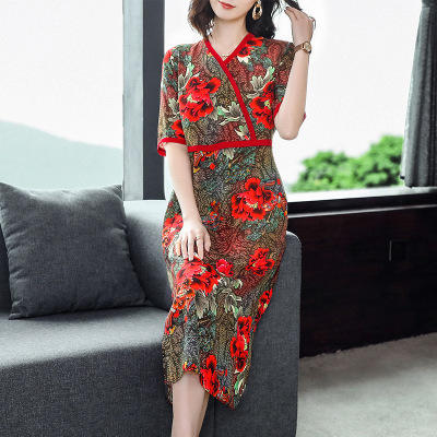 AHM 8283 2020新款夏季宽松中长款大码妈妈装仿真丝时尚气质优雅连衣裙 商品图0