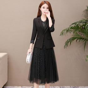 YW-KED-93A32修身气质长袖小西装外套+波点网纱连衣裙两件套