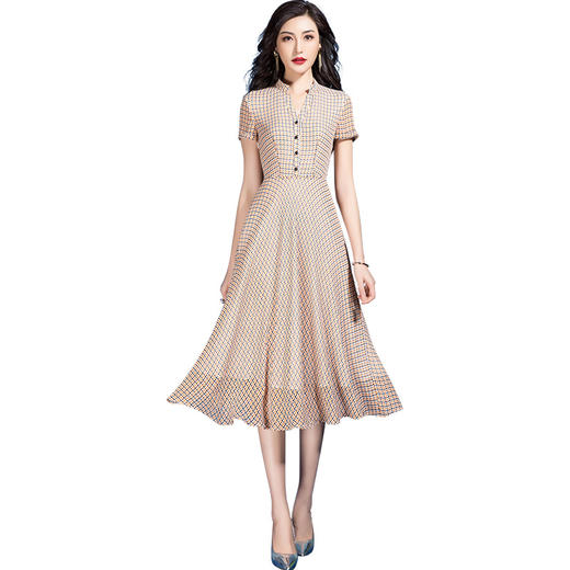 SSGS-J414新款气质收腰显瘦V领短袖a字大摆格子雪纺连衣裙 商品图3