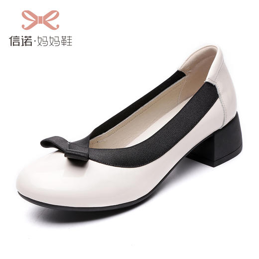 信诺真皮单鞋粗跟舒适中跟四季工作妈妈鞋圆头漆皮浅口软底女皮鞋20c