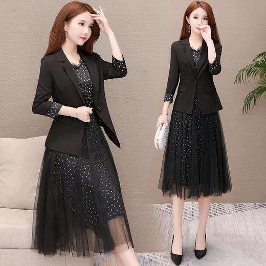 YW-KED-93A32修身气质长袖小西装外套+波点网纱连衣裙两件套 商品图1