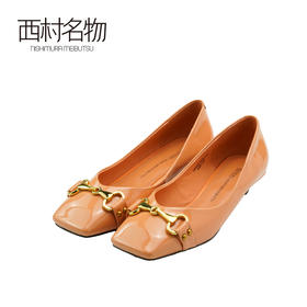 西村名物2020春季新品方头单鞋牛漆皮金属扣低跟女鞋细跟百搭款T20AE10351