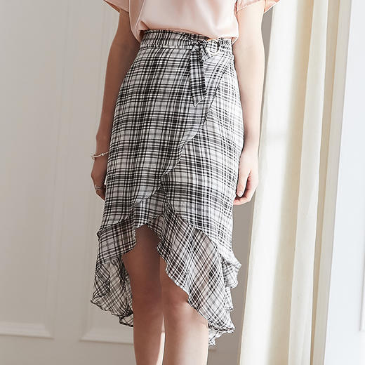 OLrain法式高级穿搭格子半身裙女夏季高腰度假荷叶边裙子 商品图3