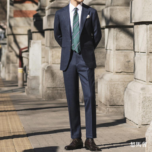 Super 120's 澳洲美丽诺羊毛蓝色亲王格纹全麻衬套装 商品图0