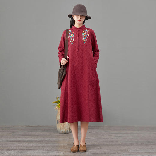 MQ-1918-2春秋新款大码民族风刺绣棉麻提花长袖素色裙YY 商品图3
