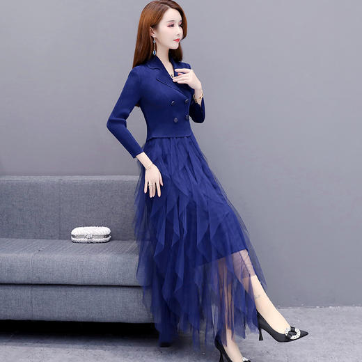 CYJH-MG20A008春新款气质女神范假两件西装领褶皱长款超仙雪纺连衣裙 商品图2