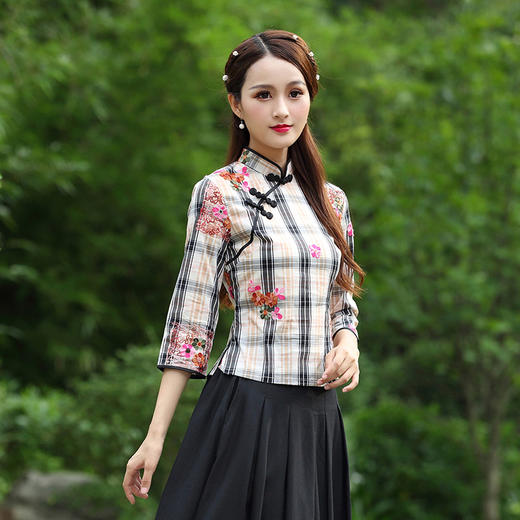 JT-810春夏刺绣中式学院风七分袖茶服唐装短旗袍上衣 商品图2