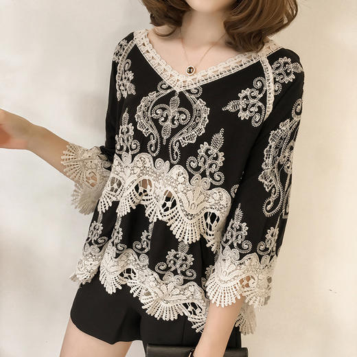 YEM-582109新款时尚民族风刺绣镂空七分袖宽松蕾丝衫WY 商品图0