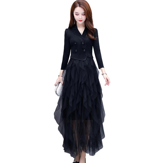 CYJH-MG20A008春新款气质女神范假两件西装领褶皱长款超仙雪纺连衣裙 商品图4