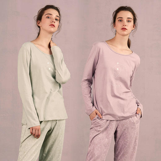 HSIA遐 圆领宽松长袖睡衣女舒适直筒睡裤可外穿纯棉家居服套装女 商品图2