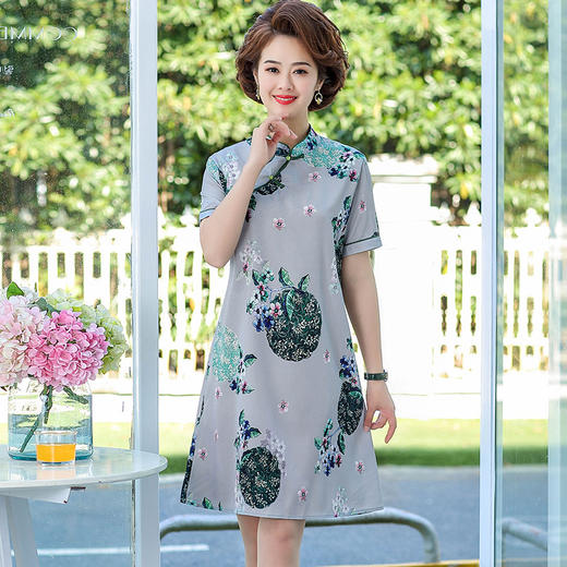 XK-CY1218新款旗袍妈妈装印花典雅复古短袖连衣裙WY 商品图1