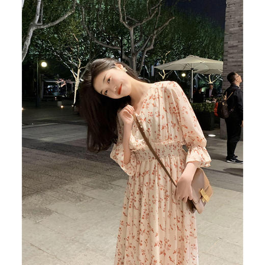 【V领高腰碎花连衣裙】夏天裙子森系女中长款雪纺裙子 商品图1