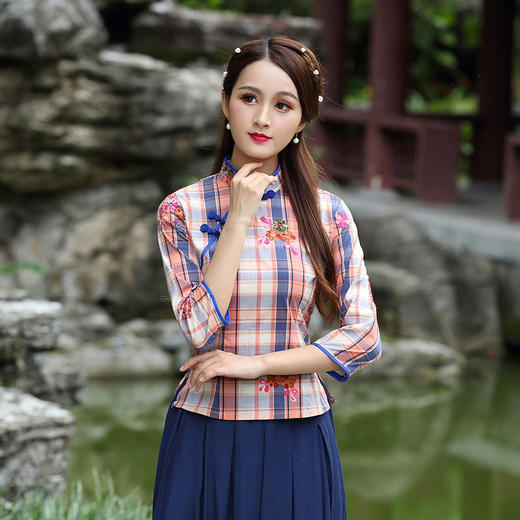 JT-810春夏刺绣中式学院风七分袖茶服唐装短旗袍上衣 商品图1