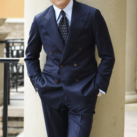 Super 120's 澳洲美丽诺羊毛藏蓝色条纹全麻衬套装