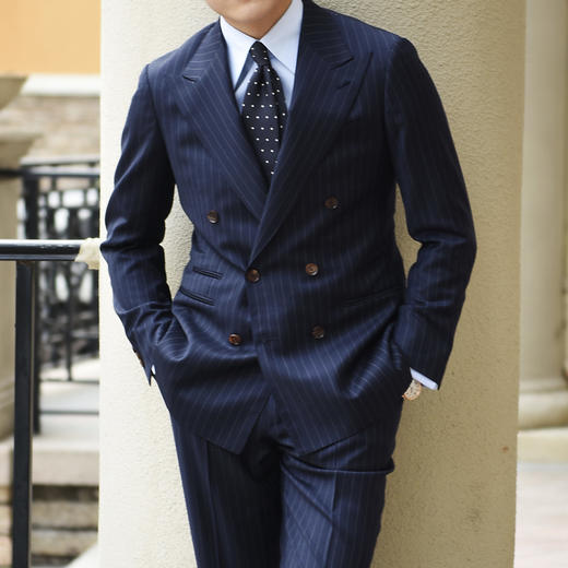 Super 120's 澳洲美丽诺羊毛藏蓝色条纹全麻衬套装 商品图0