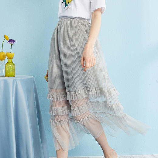 欧芮儿女新款荷叶边a字裙木耳百褶网纱半身裙女中长款8XQB11880 商品图1