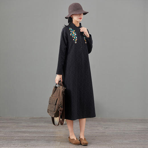 MQ-1918-2春秋新款大码民族风刺绣棉麻提花长袖素色裙YY 商品图2