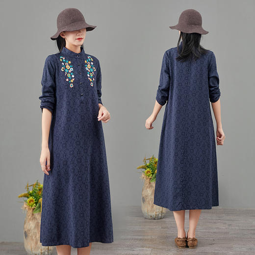 MQ-1918-2春秋新款大码民族风刺绣棉麻提花长袖素色裙YY 商品图1