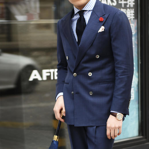 Huddersfield Chelsea Super 120's 澳洲美丽诺羊毛蓝色暗格纹全麻衬套装 商品图0