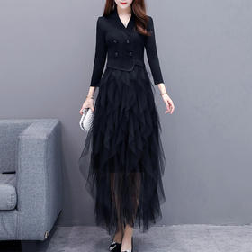 CYJH-MG20A008春新款气质女神范假两件西装领褶皱长款超仙雪纺连衣裙