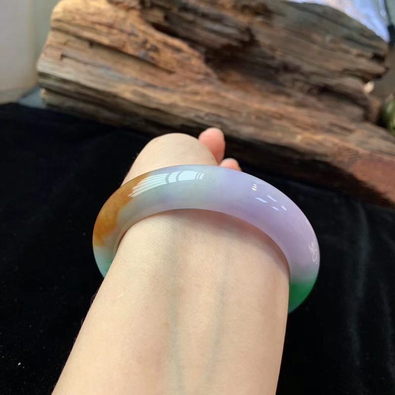 福禄寿三彩翡翠手镯55213794市场很难看得见真正的三彩黄绿紫各色鲜艳