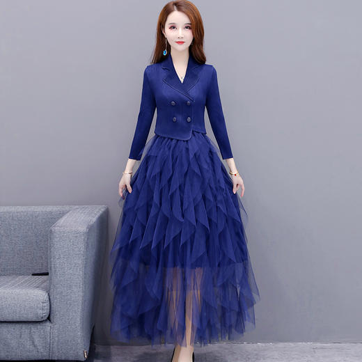 CYJH-MG20A008春新款气质女神范假两件西装领褶皱长款超仙雪纺连衣裙 商品图1