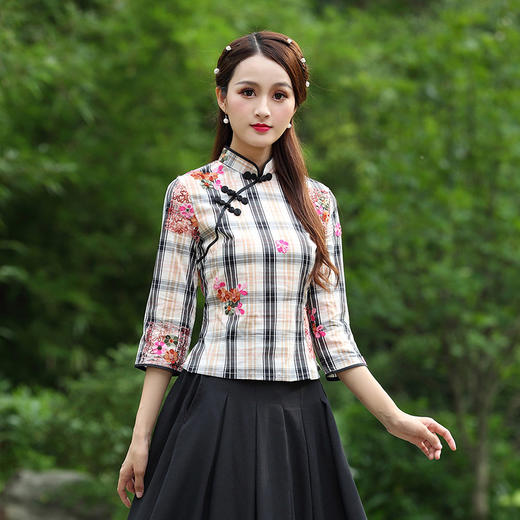 JT-810春夏刺绣中式学院风七分袖茶服唐装短旗袍上衣 商品图0