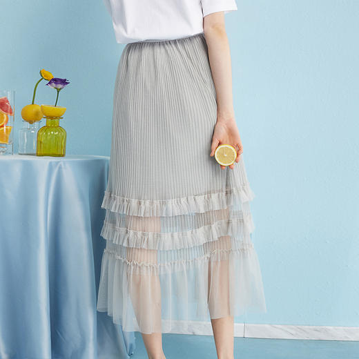 欧芮儿女新款荷叶边a字裙木耳百褶网纱半身裙女中长款8XQB11880 商品图2