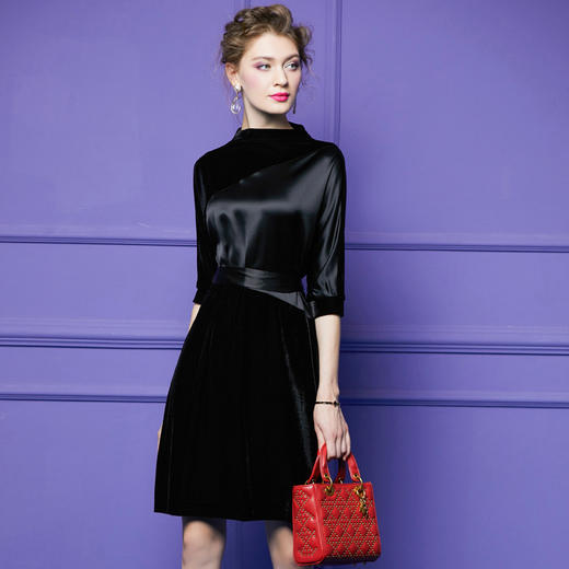 HXYY-90094气质丝绒拼接系腰带修身一步裙 商品图2