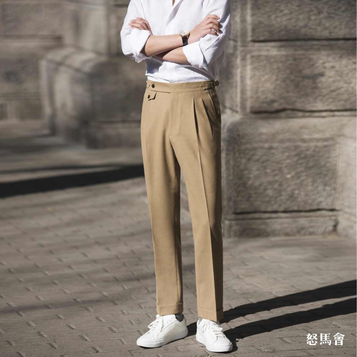 Hardy Minnis Fresco 强捻抗皱黄卡其色意式工艺裤装